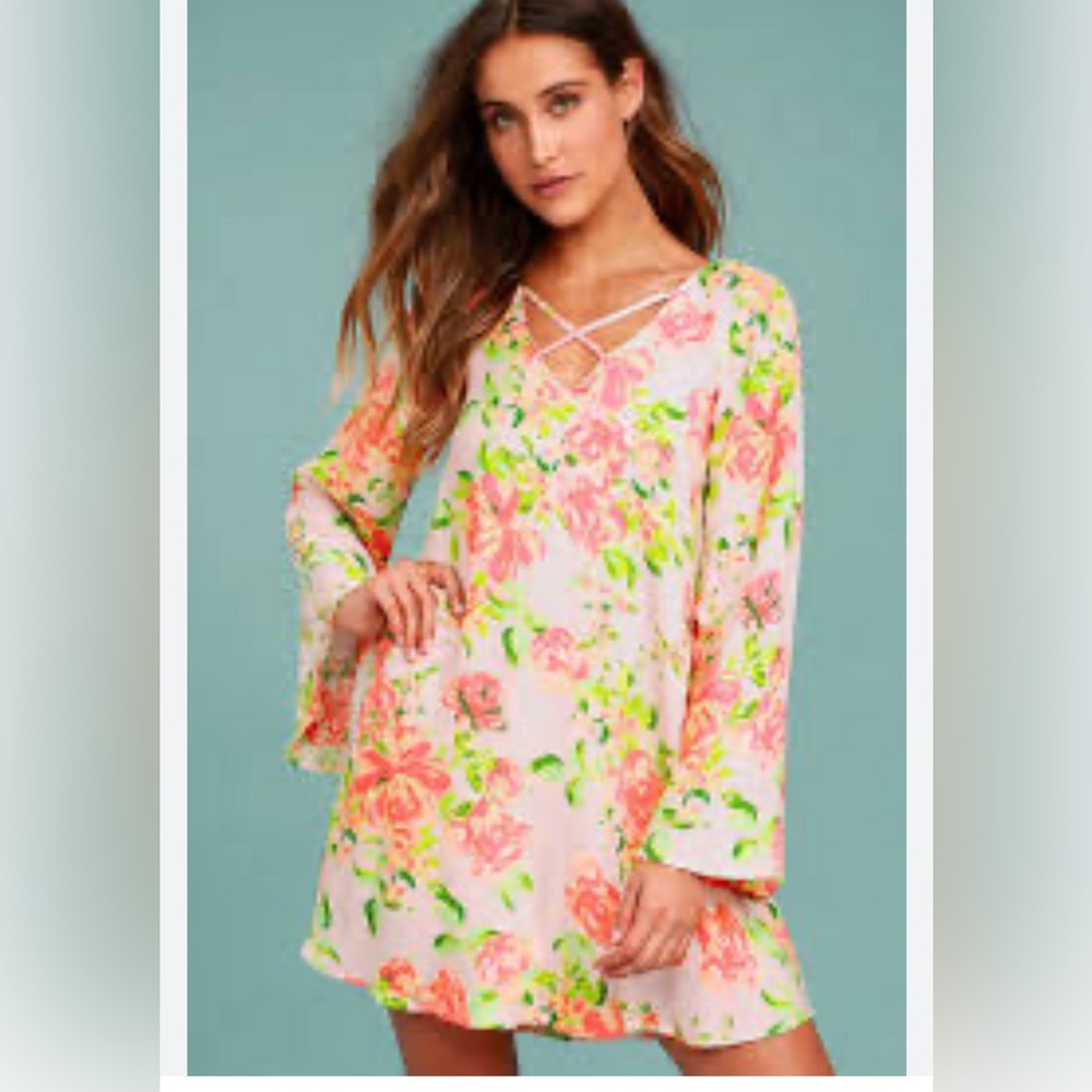 Lulus Floral Mini Dress Bell Sleeve Boho Spring NWT Large Flowy Festival Chic